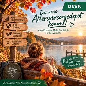 Bild mit Frau, welche auf einen See schaut mit Wegweisern zum Thema Altersvorsorgedepot