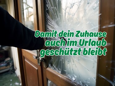 Einbrecher schlägt die Glasscheibe einer Haustür ein. Auf dem Bild steht „Damit dein Zuhause auch im Urlaub geschützt bleibt“ und thematisiert Einbruchschutz und Hausratversicherung während der Urlaubszeit.