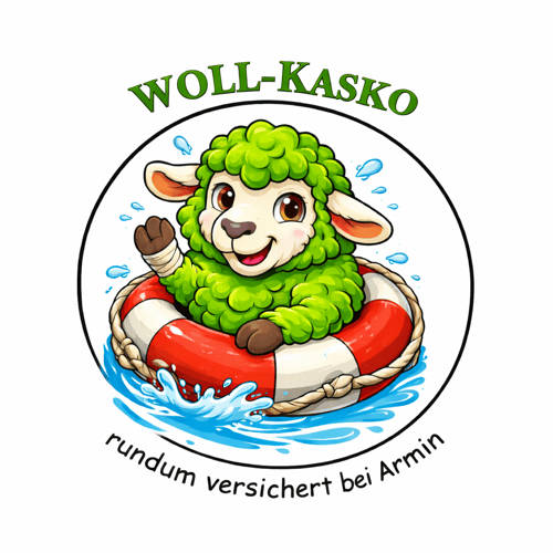 Logo mit grünem Schaf und der Aufschrift "Woll-Kasko"