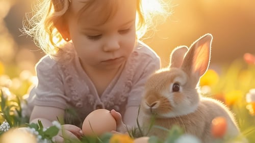 Ein Mädchen liegt auf dem Bauch auf einer Wiese. Sie hat einen Zopf und eine kleine Spange hält ihr Haar über dem Ohr fest. In den Händen hält sie ein Ei vor sich. Rechts vor ihr sitzt ein brauner Hase. Die Blumen im Vorder- und Hintergrund sind verschwommen zu erkennen. Im Hintergrund scheint die Sonne.