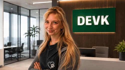 eine junge blonde lächelnde Frau in einem Modernen DEVK Büro