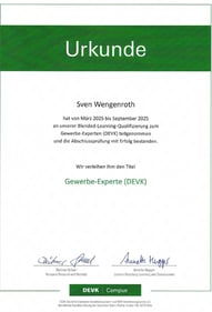 Urkunde zur Ernennung des "Gewerbeexperten DEVK"