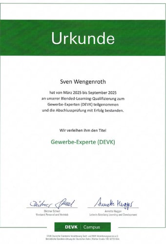 Urkunde zur Ernennung des "Gewerbeexperten DEVK"