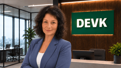Eine Frau mit dunklen Haaren in einem modernen DEVK Büro