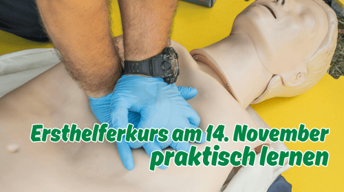 Praktische Wiederbelebungsübung an einer Trainingspuppe beim Erste-Hilfe-Kurs am 14. November 2026 in Berlin.
