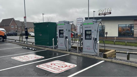 Ultra-rapid InstaVolt EV charging station near McDonald's and Tesco Superstore in Stowmarket, offering fast, reliable charging for electric vehicles with easy access to nearby amenities like Costa Coffee.