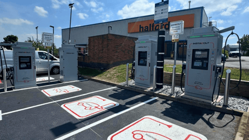 InstaVolt Ultra rapid InstaVolt EV chargers at McDonald’s Coalville on Stephenson Way, featuring multiple charging bays and clear signage.