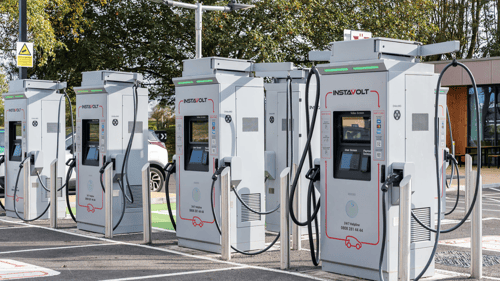 Ultra-rapid InstaVolt EV charging bays at Starbucks South Parade, Skegness, with multiple chargers ready for use.