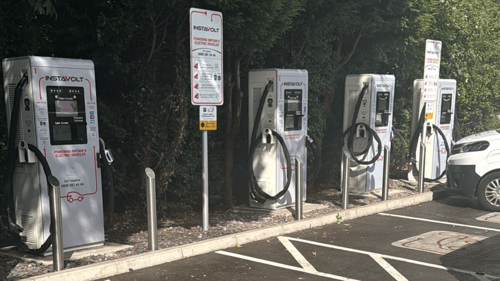 InstaVolt ultra-rapid EV chargers at Keypoint, A34 Northbound in Stone, offering convenient electric vehicle charging surrounded by greenery.