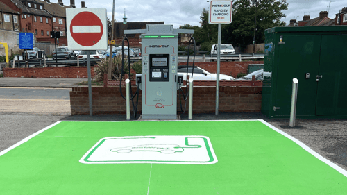 Front view of InstaVolt electric vehicle charging point at Station Road Co-op in Chingford.