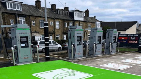 InstaVolt chargers at Woodhall Retail Park, Bradford, close to Morrisons, McDonald’s, B&M, KFC, and Bradford Plaza Shopping Centre