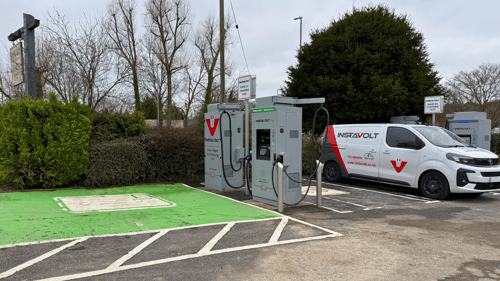 InstaVolt ultra-rapid chargers at Heathfield Road, Halland with marked EV parking bays