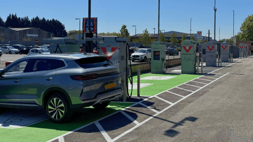 InstaVolt ultra rapid EV charging at Stokers Fine Furniture Chester with parked electric car and ALDI nearby