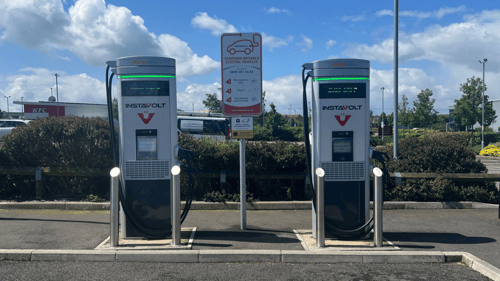 Two InstaVolt rapid EV chargers at McDonald’s Birdwell, with KFC visible in the background.