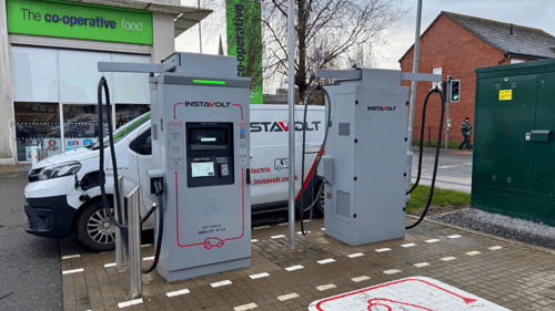InstaVolt ultra-rapid EV chargers at Co-op Food Tranmere with parking bays and easy roadside access
