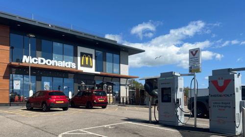 InstaVolt ultra rapid EV chargers at McDonald's Portlethen near Aberdeen, conveniently located off the A92 with nearby food and retail amenities.