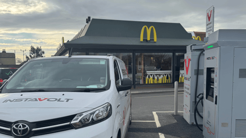 InstaVolt ultra-rapid EV chargers at McDonald’s on Whalebone Lane South in Dagenham, with an InstaVolt van parked nearby.