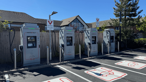 InstaVolt ultra rapid EV chargers at Booths Heyhouses Lane Lytham St Annes with parking bays and clear signage