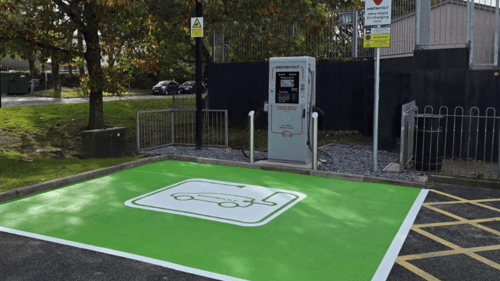 Ultra-rapid InstaVolt EV charger at Lords Meadow Leisure Centre, Crediton, with marked green charging bay.