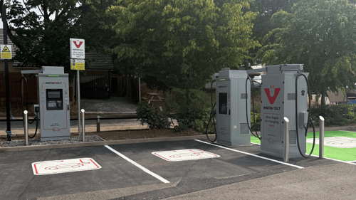InstaVolt ultra rapid EV charging station at Brook Retail Park, Bromsgrove, with dedicated charging bays and easy access from the A38.