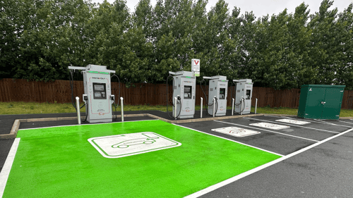 InstaVolt ultra rapid EV charging station at Costa Coffee Downham Market on Bexwell Road, featuring dedicated electric vehicle charging bays and convenient roadside access.