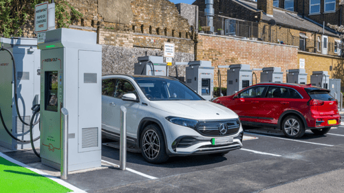 Electric vehicles charging at InstaVolt ultra rapid chargers in Leytonstone, London.