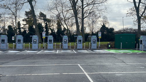 Row of InstaVolt ultra-rapid EV chargers at Welcome Break Corley North, Coventry.