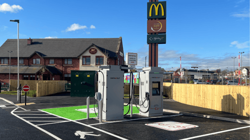 Ultra rapid InstaVolt EV chargers at Rossmore Road East, Ellesmere Port, located near McDonald's and other local amenities.