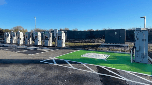 Row of InstaVolt ultra rapid EV charging stations at Weston Links, BS23 3WL.