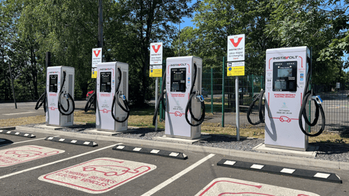 Ultra-rapid InstaVolt EV chargers at Mile House, Durham Road, Stockton-on-Tees, with clearly marked bays and visible signage.