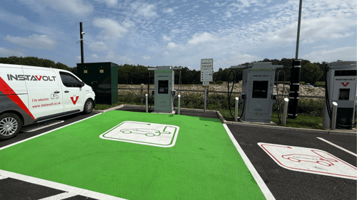 Ultra-rapid and rapid InstaVolt EV chargers at Starbucks Malton Road, York with dedicated electric vehicle bays and branded van on site.