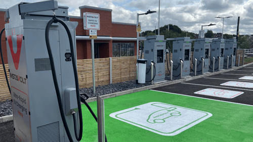 InstaVolt ultra-rapid EV charging bays at Fenton, Stoke-on-Trent, with multiple chargers and green-marked EV parking spaces.