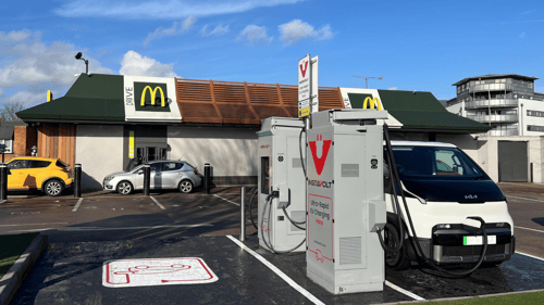 InstaVolt ultra-rapid EV chargers at McDonald’s on James Watt Way, near Queens Road, with an electric vehicle charging.