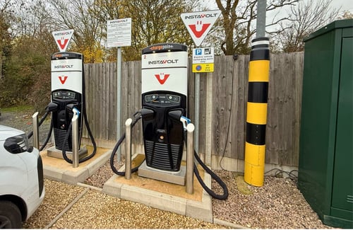InstaVolt rapid EV chargers at Alcester Road Service Station in Worcester, featuring two charging units with contactless payment.
