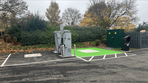InstaVolt EV charging station at Meole Brace Retail Park in Shrewsbury, positioned conveniently near McDonald's and popular stores like Halfords and TK Maxx.