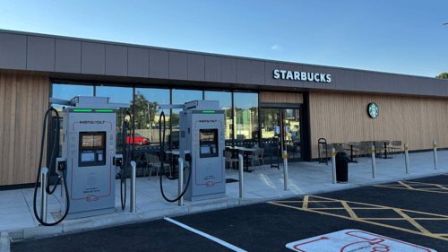 InstaVolt ultra-rapid EV chargers outside Starbucks on Gatwick Road near Gatwick Airport in Crawley.
