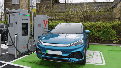 InstaVolt ultra rapid EV charging station with electric car charging at Costa Coffee in Andover business park near local amenities
