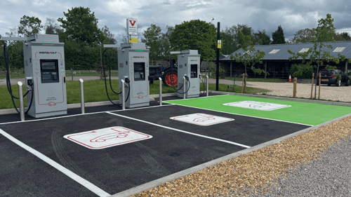 InstaVolt ultra rapid EV charging hub at Cobbs Farm Shop near the A46 in Stratford-upon-Avon