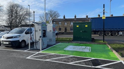 InstaVolt ultra-rapid charging bays on Leeds Road in Huddersfield with marked EV parking