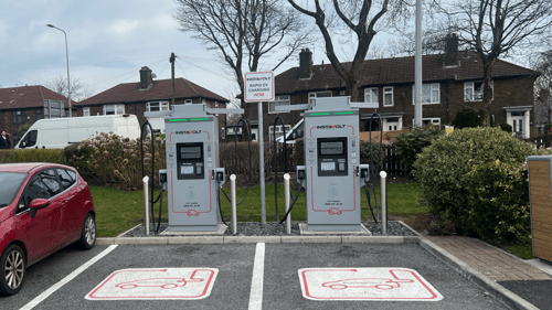 InstaVolt ultra rapid EV chargers at McDonald’s on Chorley Old Road, Bolton, with two charging bays in use.