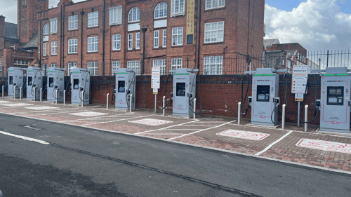 InstaVolt ultra-rapid EV charging station with clear parking bays at Apex Retail Park, B12 0EB.