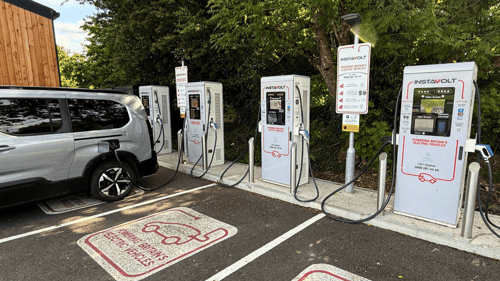 EV charging bays with InstaVolt ultra rapid chargers at Three Tree's farm shop location.
