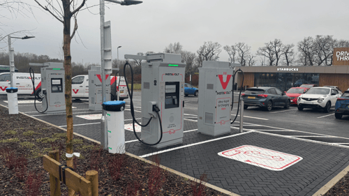 InstaVolt ultra-rapid charging bays at Millbrook Lane, Wragby with Starbucks nearby