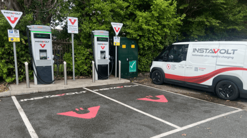 Ultra rapid InstaVolt EV chargers at Lee-on-the-Solent Service Station on Broom Way, providing a convenient charging stop for electric vehicle drivers.
