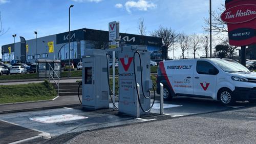 InstaVolt ultra-rapid EV chargers at McDonald’s Craigshaw Business Park Aberdeen with Tim Hortons and Kia dealership nearby