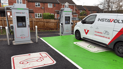 InstaVolt ultra-rapid EV chargers at Fairway Road South in Shepshed with a branded electric van parked.