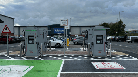 Four InstaVolt ultra-rapid EV chargers at St Nicholas Retail Park, Kings Lynn, offering 24/7 charging near Home Bargains and other retailers.