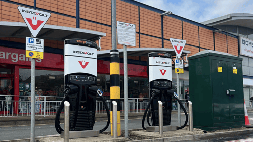InstaVolt rapid EV chargers at Hill Street Shopping Centre, Middlesbrough, near popular shops and food outlets including Primark, The Works, and Burger King.