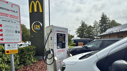 InstaVolt ultra-rapid EV charger at McDonald's on Penistone Road in Hillsborough, Sheffield, with electric vehicles charging in the car park.