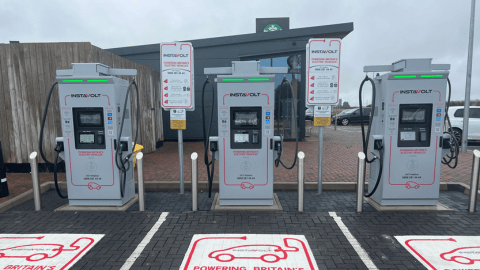 Ultra rapid InstaVolt EV chargers at Starbucks A17, Newark NG24 2NY, providing convenient charging for electric vehicle drivers.